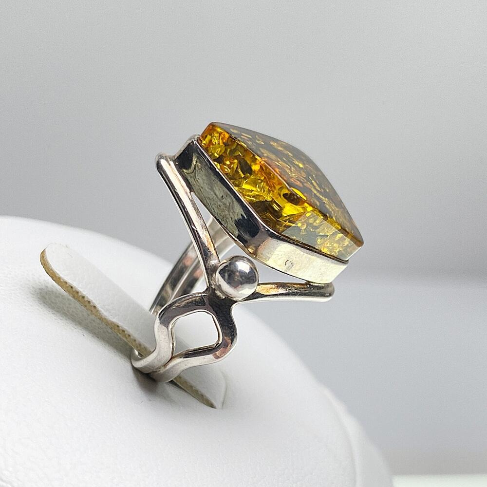 Polish Baltic Amber Ring 925 Sterling Silver Diamond Shape Size 7 Statement - Picture 6 of 12